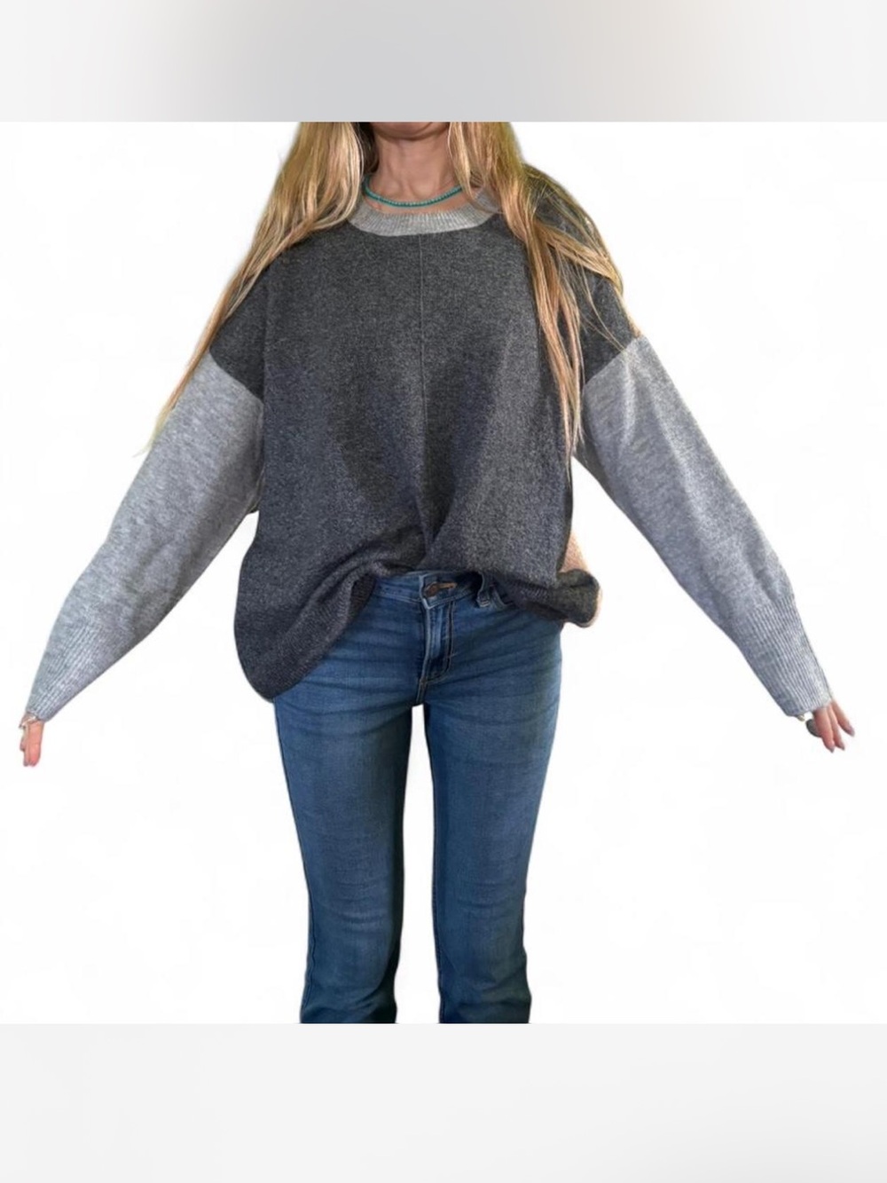 Cozy fuzzy warm pullover colorblock sweater with neutral colors Vince Camuto L